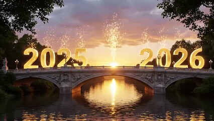 Golden bridge connecting 2025 and 2026 with sunset fireworks - Powered by Adobe