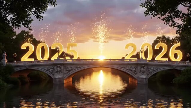 Golden bridge connecting 2025 and 2026 with sunset fireworks