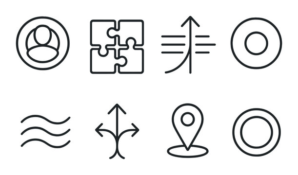 Abstract icon set on black background featuring arrows and geometric shapes