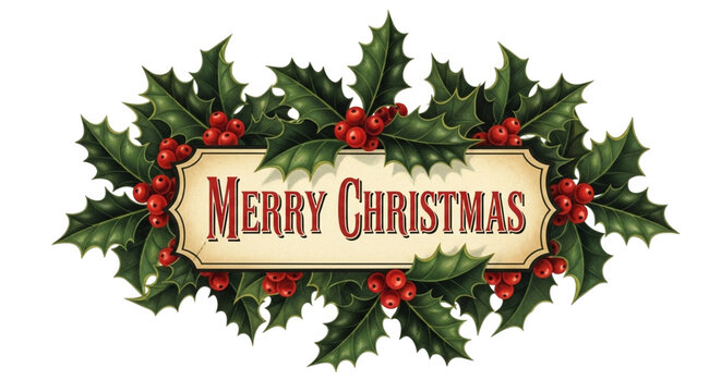 Merry christmas text surrounded by holly leaves and red berries