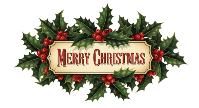 Merry christmas text surrounded by holly leaves and red berries - Powered by Adobe