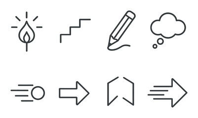 Minimalist icon set featuring lightbulb, stairs, pencil, thought bubble, and arrows