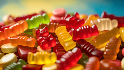 Vibrant pile of colorful gummy bears and worms invitingly close a sweet treat celebration