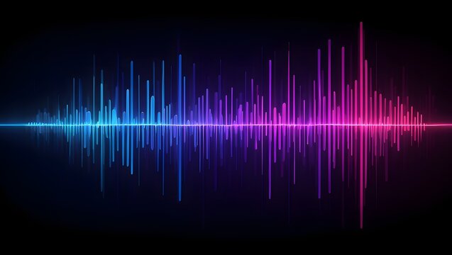 Vibrant neon sound waveform with blue and pink hues on black background