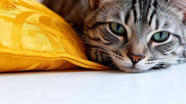 Gray tabby cat resting on yellow pillow
