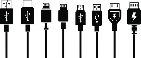 Set of USB cable connectors silhouette, various charging cord icons collection, mobile phone data wire types, electronic device interface vector