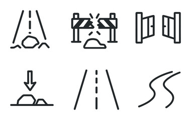 Set of road hazard icons including falling rocks curved roads and barriers