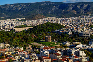 Athens cityscape with Parthenon and distant mountains