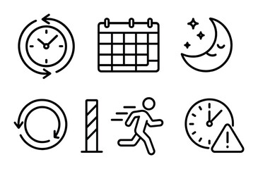 Time management icons: clock, calendar, moon, barrier, person, alert symbol