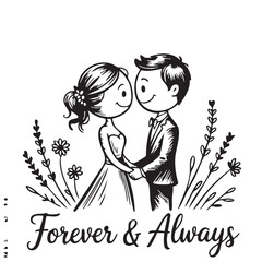 Forever & Always Wedding Silhouette Vector — Bride and Groom Holding Hands Surrounded by Floral Elements in Black Design