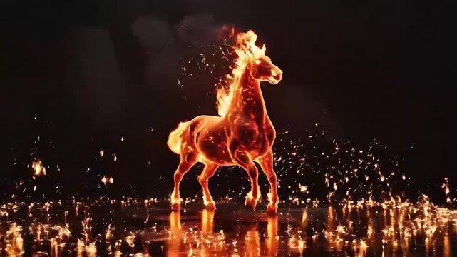 Fiery Horse Sculpture Dancing With Sparks At Night.