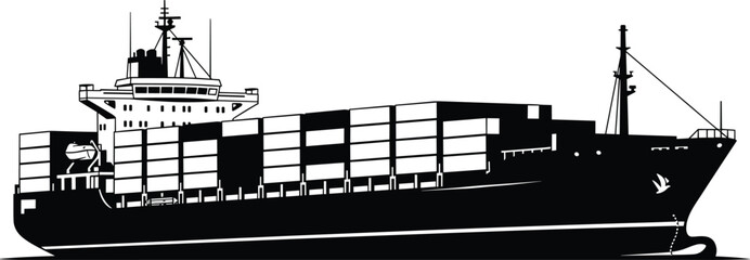 Side view silhouette of large cargo container ship, black and white vector illustration for maritime logistics, transportation, and global trade.