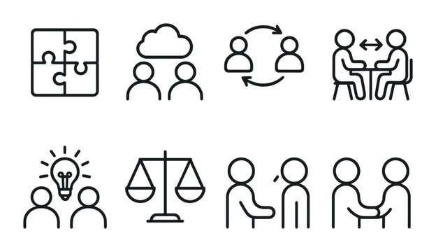 Teamwork and communication icons: collaboration, brainstorming, networking, consensus, problem solving - Powered by Adobe