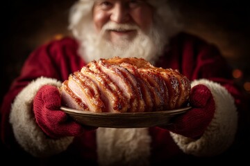 Glazed ham on plate presented by man with warm smile dressed in Santa outfit. Concept of festive comfort and coziness, featuring baked ham with sweet glaze and Christmas ambiance.
