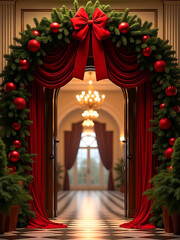 Elegant christmas archway entrance with red drapes and ornaments
