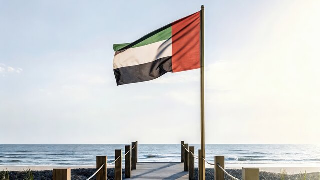 United arab emirates flag waving in the wind on a sunny day over a wooden path to the beach in dubai, uae - Powered by Adobe