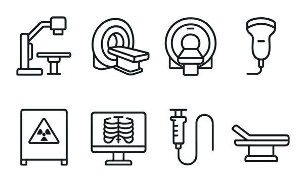 Medical imaging equipment icons set featuring ct mri ultrasound