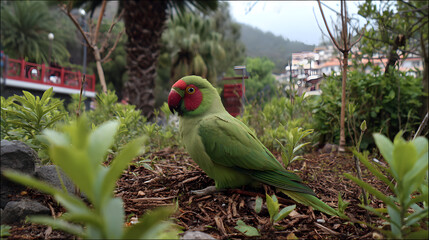 Green parrot rests on mulch. Vivid bird photography, editorial images, or use in nature posters.