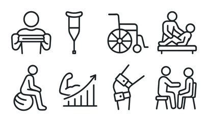 Physical therapy symbols: rehabilitation, mobility aids, exercises, recovery