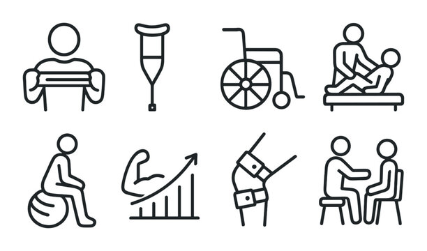 Physical therapy symbols: rehabilitation, mobility aids, exercises, recovery