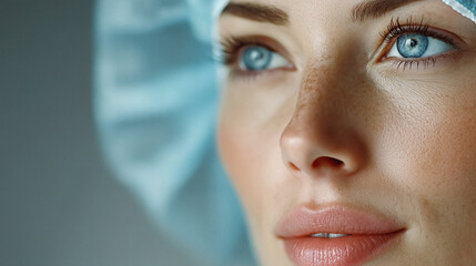 Stunning close-up of woman's face with bright blue eyes wearing surgical cap conveying health and care
