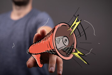 Image of a hand holding a sketched megaphone, ideal for marketing, communication, and announcement...