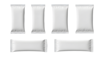 Arrangement of six white blank foil snack bar wrappers on a black background in a studio shot