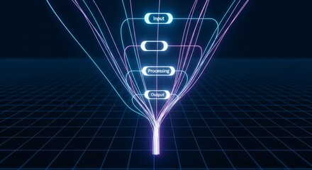 Abstract Digital Workflow Funnel with Data Flow. workflow funnel or process diagram. Glowing lines and nodes flow seamlessly from top to bottom, representing stages like Input, Processing, Output