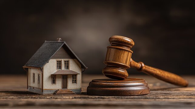 Legal matters in real estate deals A miniature house and a gavel together The convergence of law and real estate including property rights and contracts