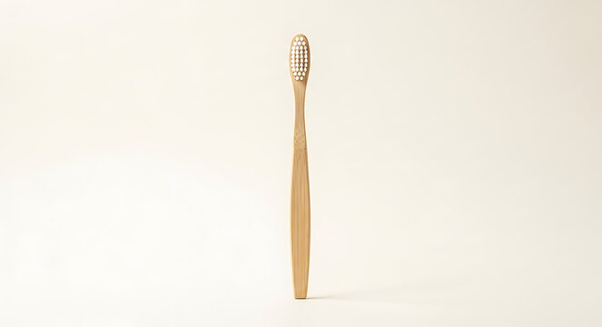Single bamboo toothbrush with white bristles standing upright on a neutral background simple and clean