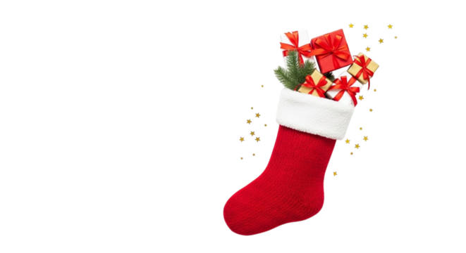 Red christmas stocking filled with gifts and pine branch