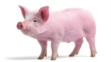 Pink pig stands on white. Studio shot. Ideal for illustrating agriculture, food, or animal themes.