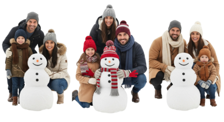 Happy family with children and snowmen