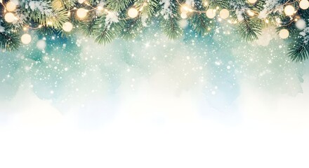 Christmas winter watercolor background with lights, pine branches, and bright copy space.