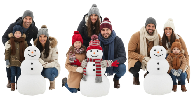 Happy family with children and snowmen