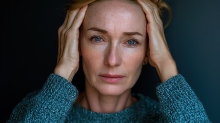 Distressed middle aged white woman in her 40s struggles with depression headaches and loneliness possibly due to divorce and mental health issues