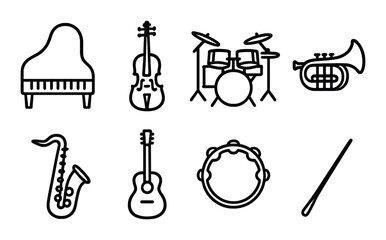 Silhouette icons of musical instruments: piano, violin, drums, trumpet, saxophone, guitar, tambourine, stick