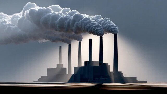 Industrial Emissions: A stark visual of a row of factory chimneys releasing thick plumes of smoke into a polluted atmosphere, symbolizing environmental issues.