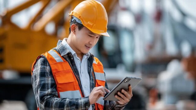 Construction Worker Reviewing: An industrious construction worker, in safety gear, intently reviews a digital tablet, overseeing progress on a construction site.