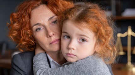 Sad redhead embraces distressed girl in divorce lawyer s office amid parental conflict over custody