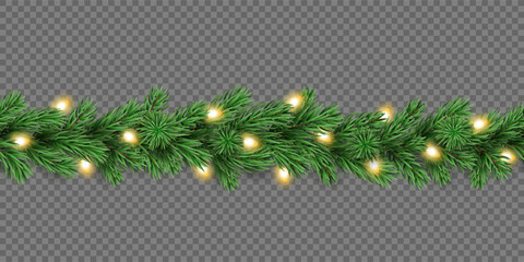 Holiday pine tree seamless garland with glowing Christmas lights isolated on a transparent background. Vector realistic pine tree branches with light bulbs for winter decoration banner, poster, greeti