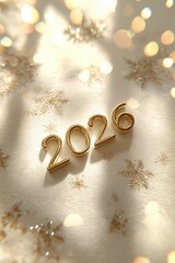 Golden numbers 2026 on light background with scattered golden snowflake decorations and warm bokeh lights, representing New Year celebration and winter holidays