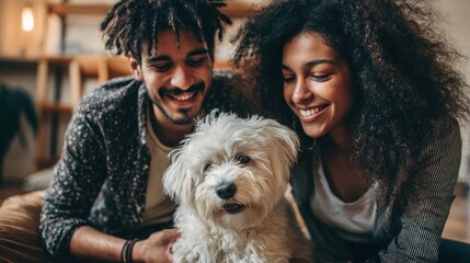 Portrait of a joyful multiracial couple at home with their adopted dog on the floor