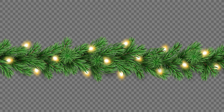 Holiday pine tree seamless garland with glowing Christmas lights isolated on a transparent background. Vector realistic pine tree branches with light bulbs for winter decoration banner, poster, greeti