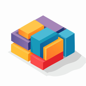 A modern abstract composition of colorful interlocking geometric blocks in an isometric perspective, representing concepts of construction, organization, and puzzle solving