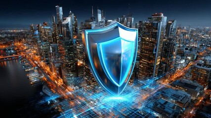 Cyber Shield Fortress: A digital shield of protection hovers over a futuristic cityscape, symbolizing the importance of cybersecurity in modern urban infrastructure.  - Powered by Adobe