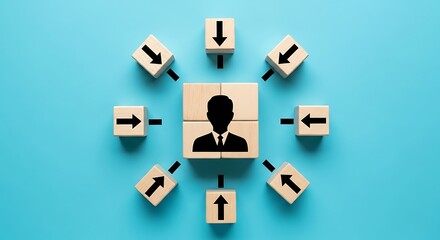 Central figure with arrows pointing in and out, symbolizing communication, connection, and workflow management