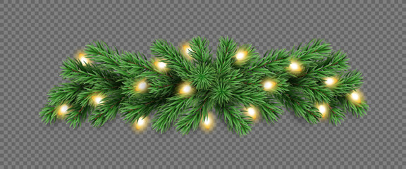 Holiday pine tree garland with glowing Christmas lights isolated on a transparent background. Vector realistic pine tree branches with light bulbs for winter decoration banner, poster, greeting card.