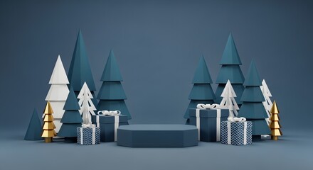 blue 3D geometric Christmas forest with pedestal stand and gifts. Product display background.