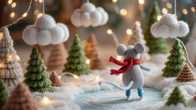 Knitted mouse in a red scarf skates on an icy pond surrounded by yarn trees and snow in a festive Christmas forest. Cozy handcrafted winter scene. Decorative holiday animation mood.